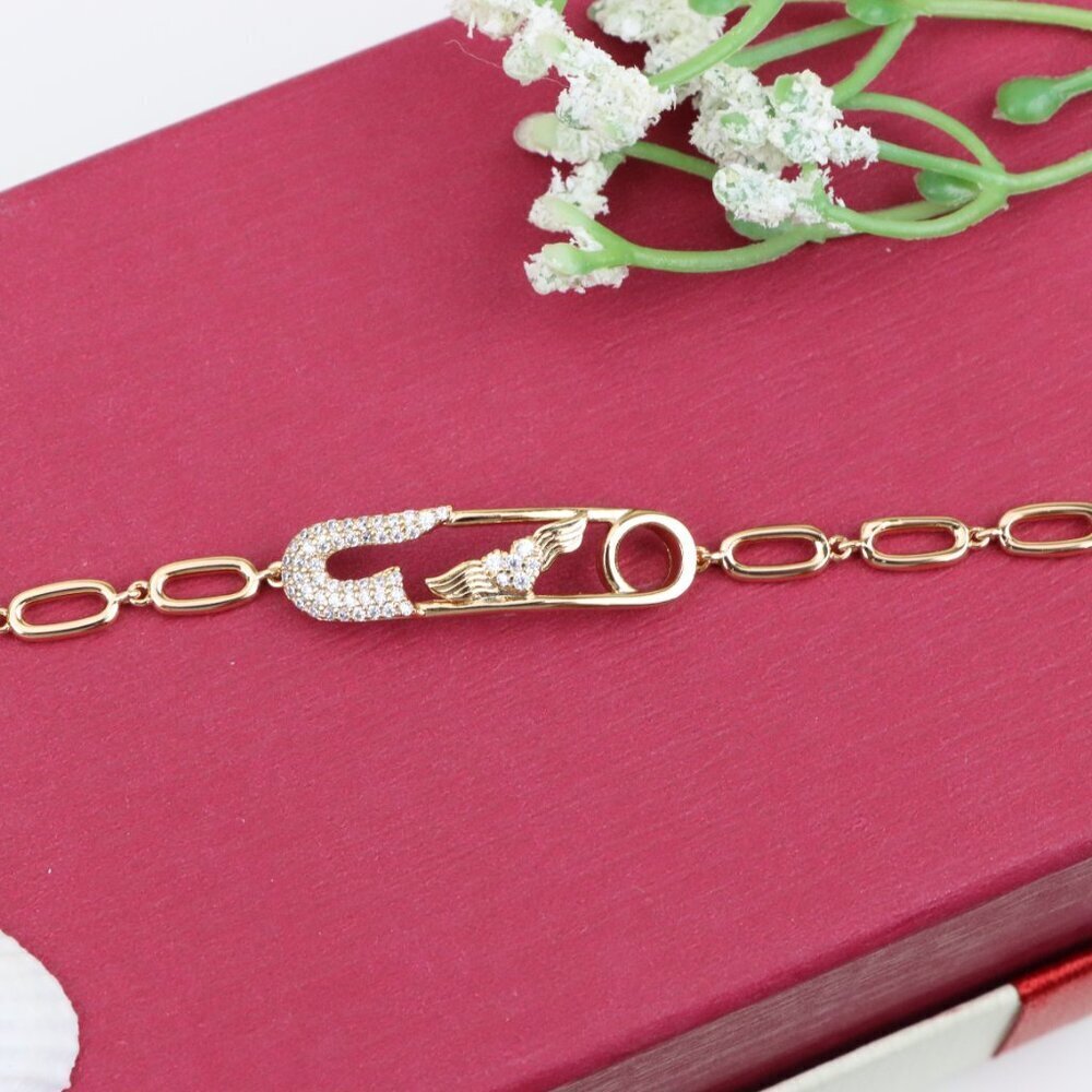 "Rose Gold Safety Pin Bracelet with Wing Detail, XPBL0781